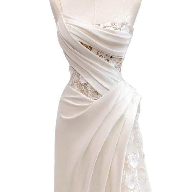 Ludivine White Satin Strapless Draped Lace-Insert Gown - photo 5 | Orabella