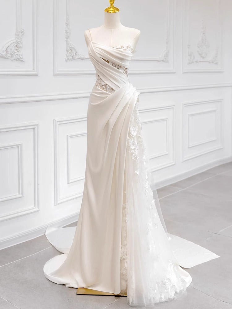 Ludivine White Satin Strapless Draped Lace-Insert Gown - photo 6 | Orabella
