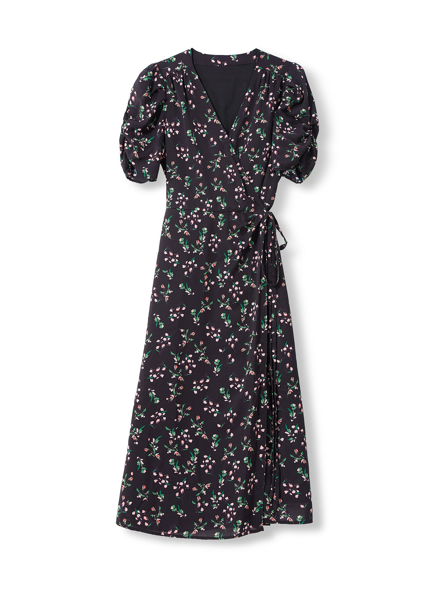 Black floral silk wrap dress photographed flat