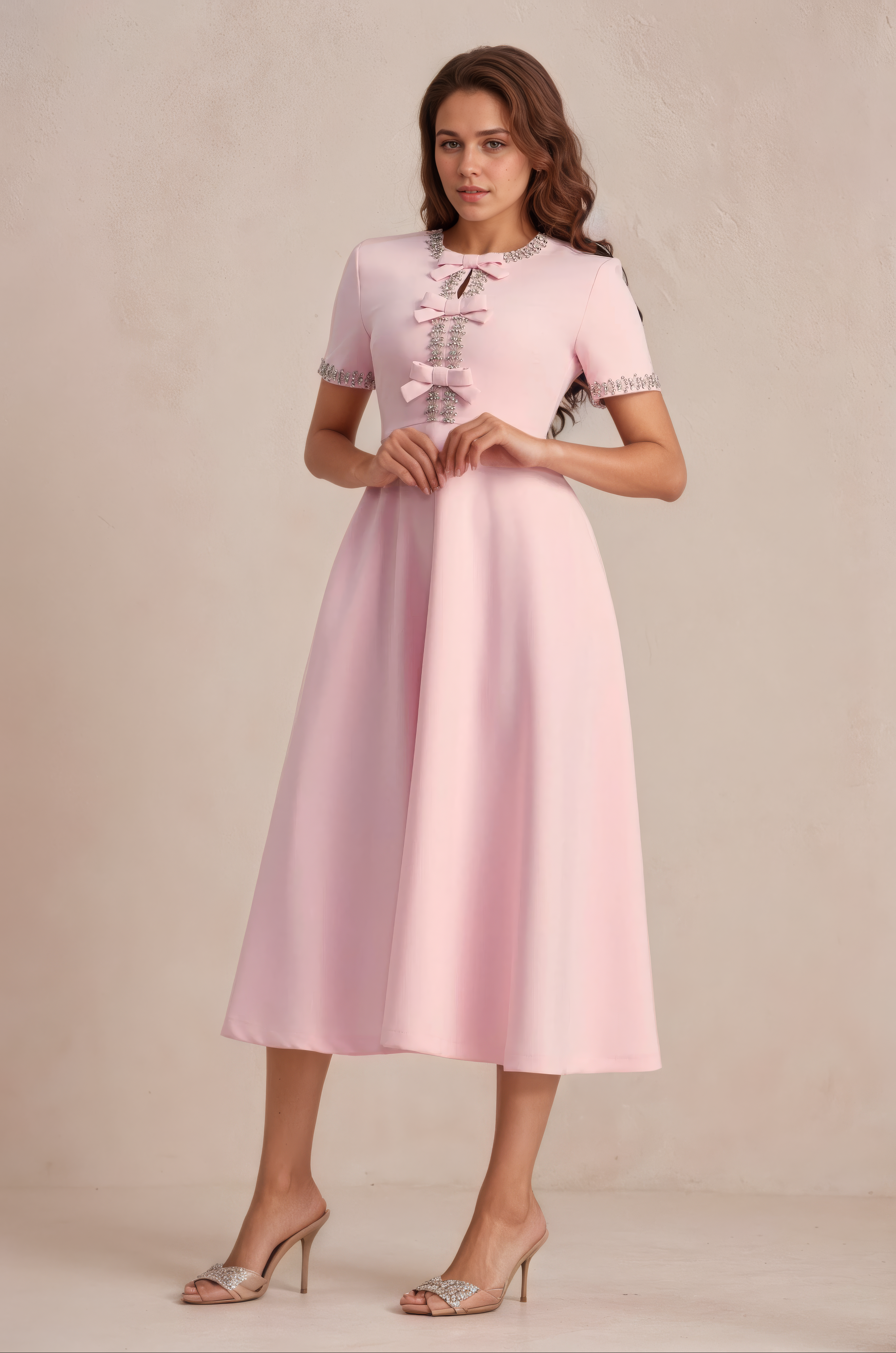 Madeleine Crystal-Trim Bow Midi Dress — front view