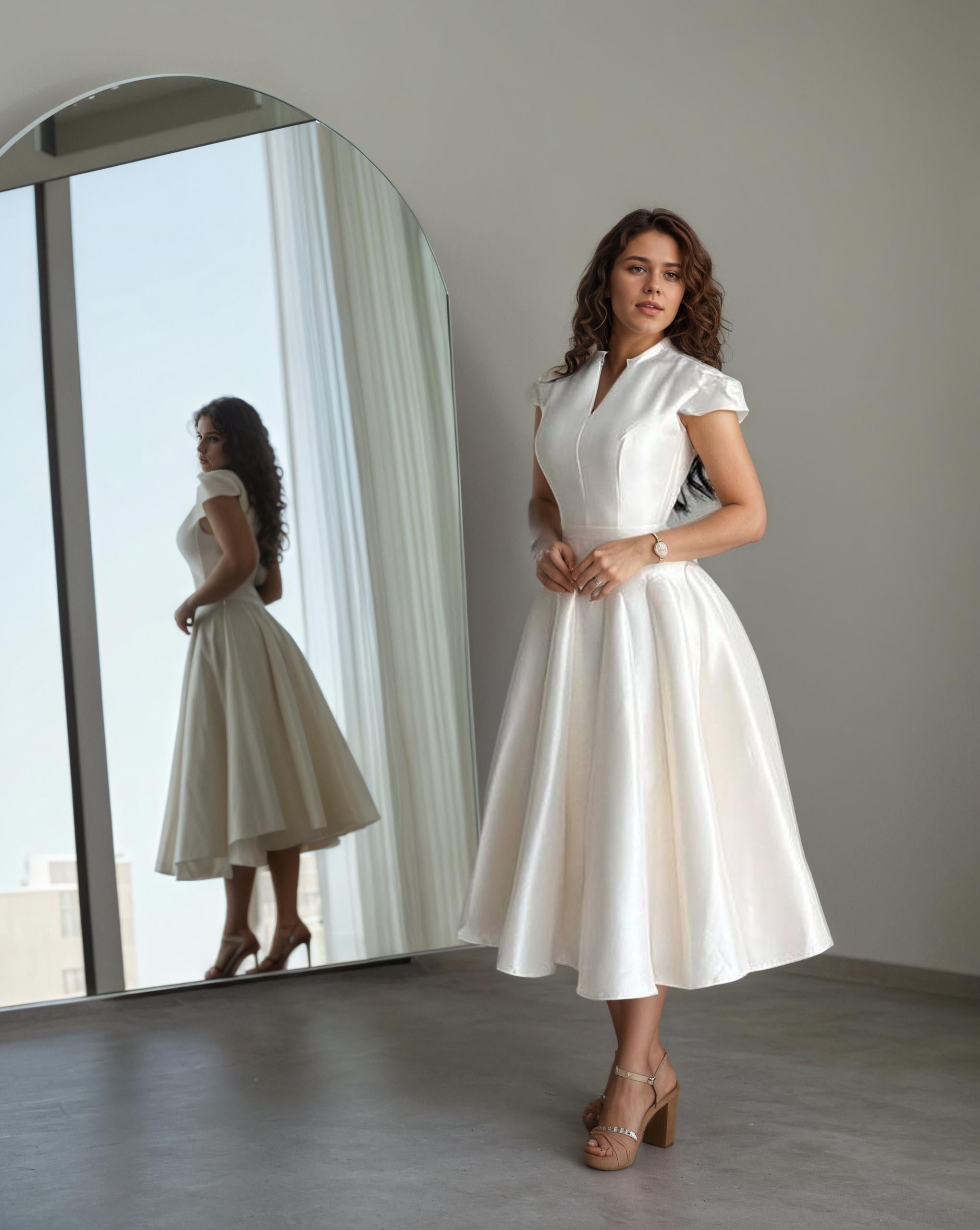 Madeleine French V-Neck Full-Skirt Dress — front view