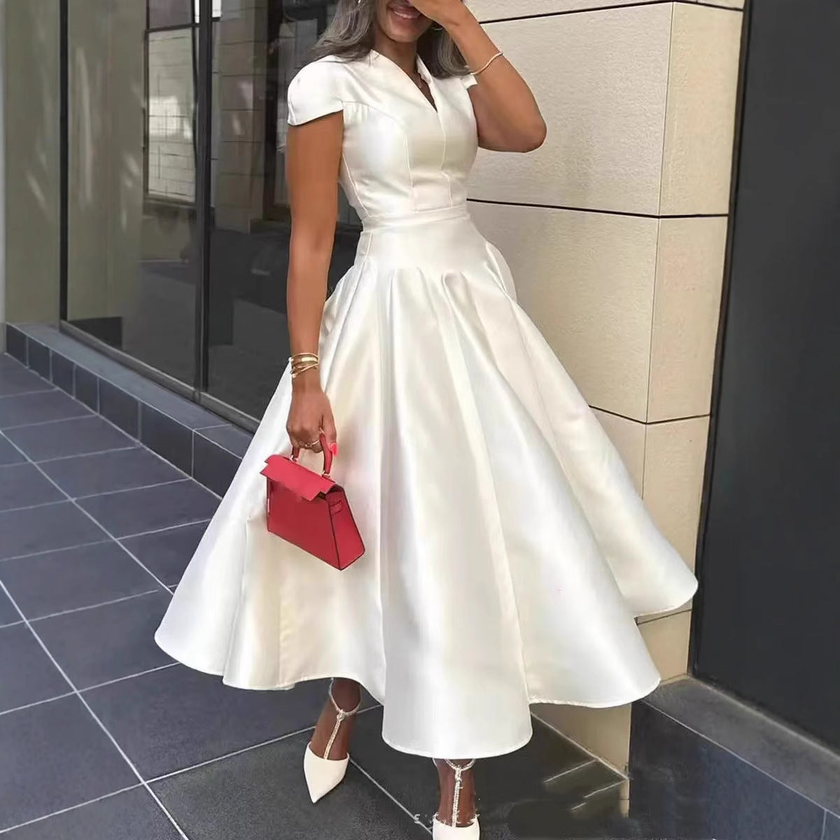 Madeleine French V-Neck Full-Skirt Dress — full length