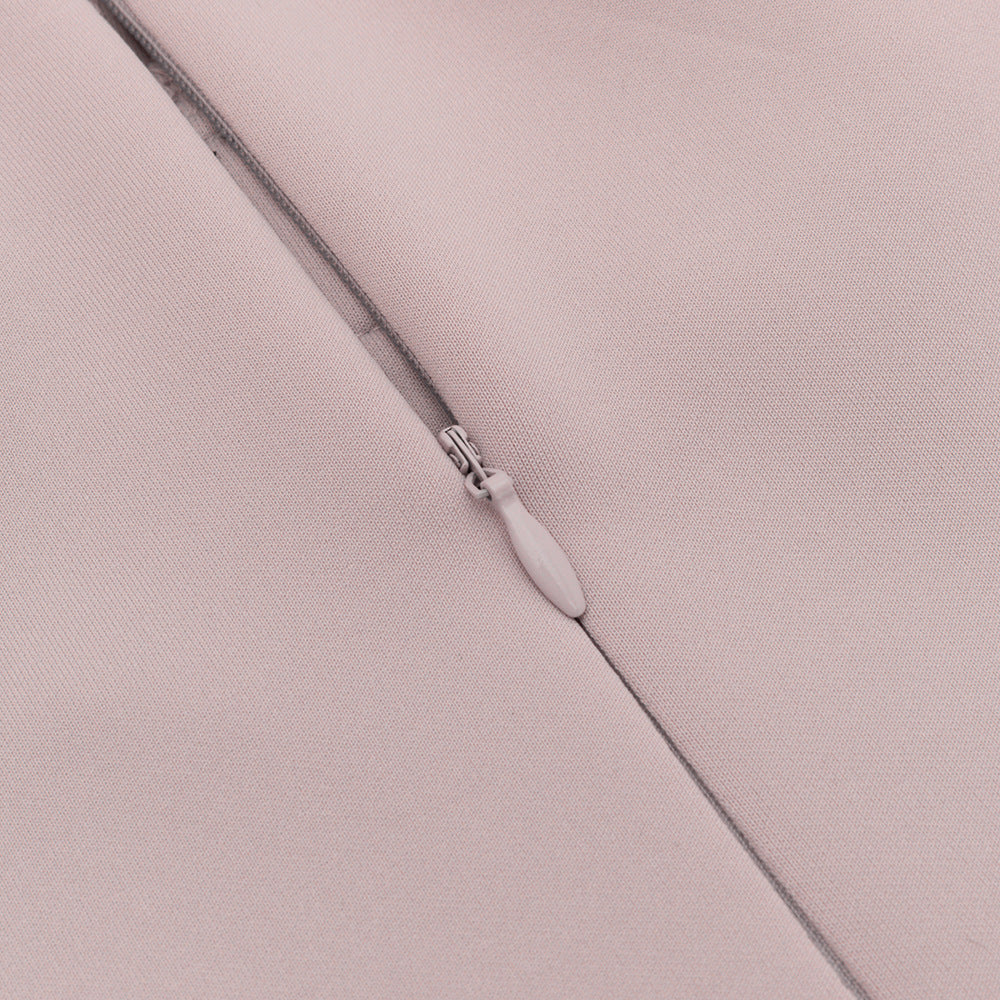 Marceline blush lace-corset strapless evening gown — close-up of the concealed tonal zipper