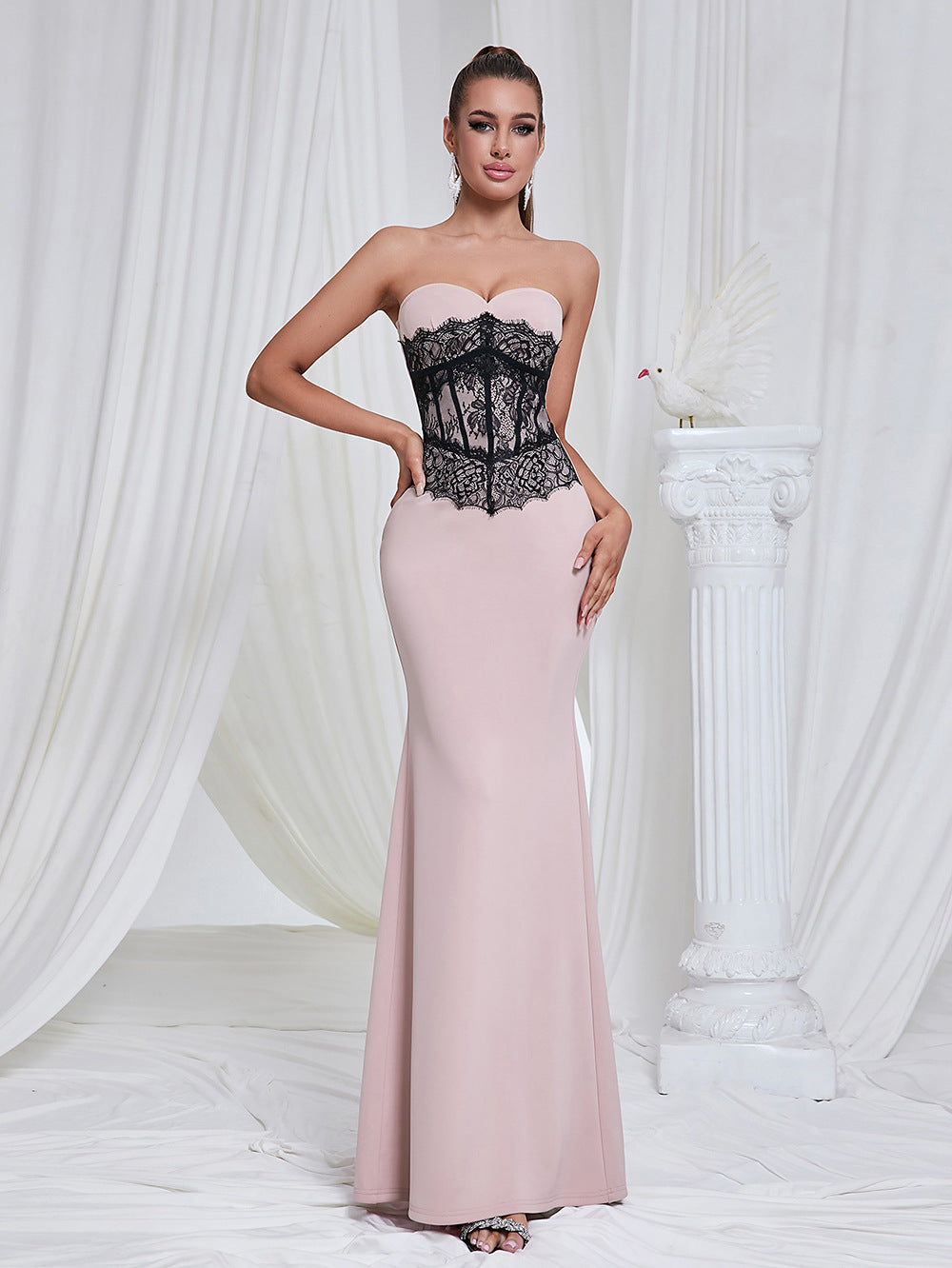 Marceline blush lace-corset strapless evening gown — second front view on model, floor-length column
