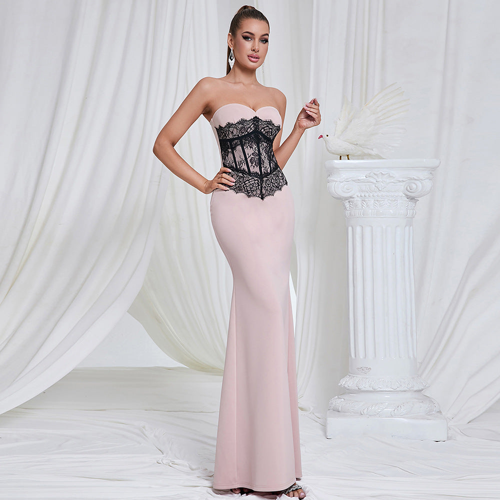 Marceline blush lace-corset strapless evening gown — Blush Pink colorway