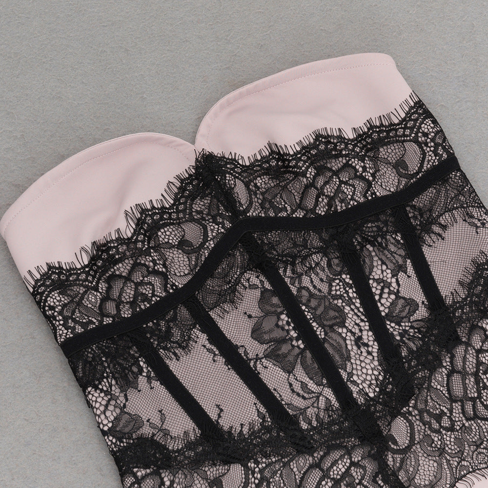Marceline blush lace-corset strapless evening gown — close-up of the corset-style lace waist panel below the sweetheart neckline