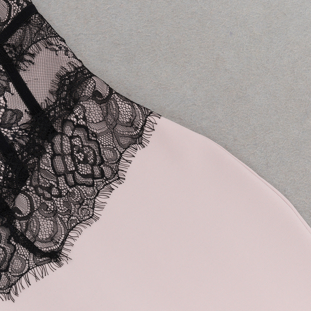 Marceline blush lace-corset strapless evening gown — close-up of the rose-motif lace meeting the blush skirt