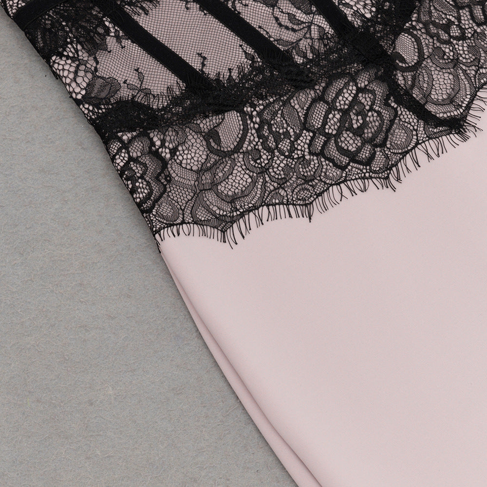 Marceline blush lace-corset strapless evening gown — close-up of the black eyelash-lace scalloped edge over blush fabric