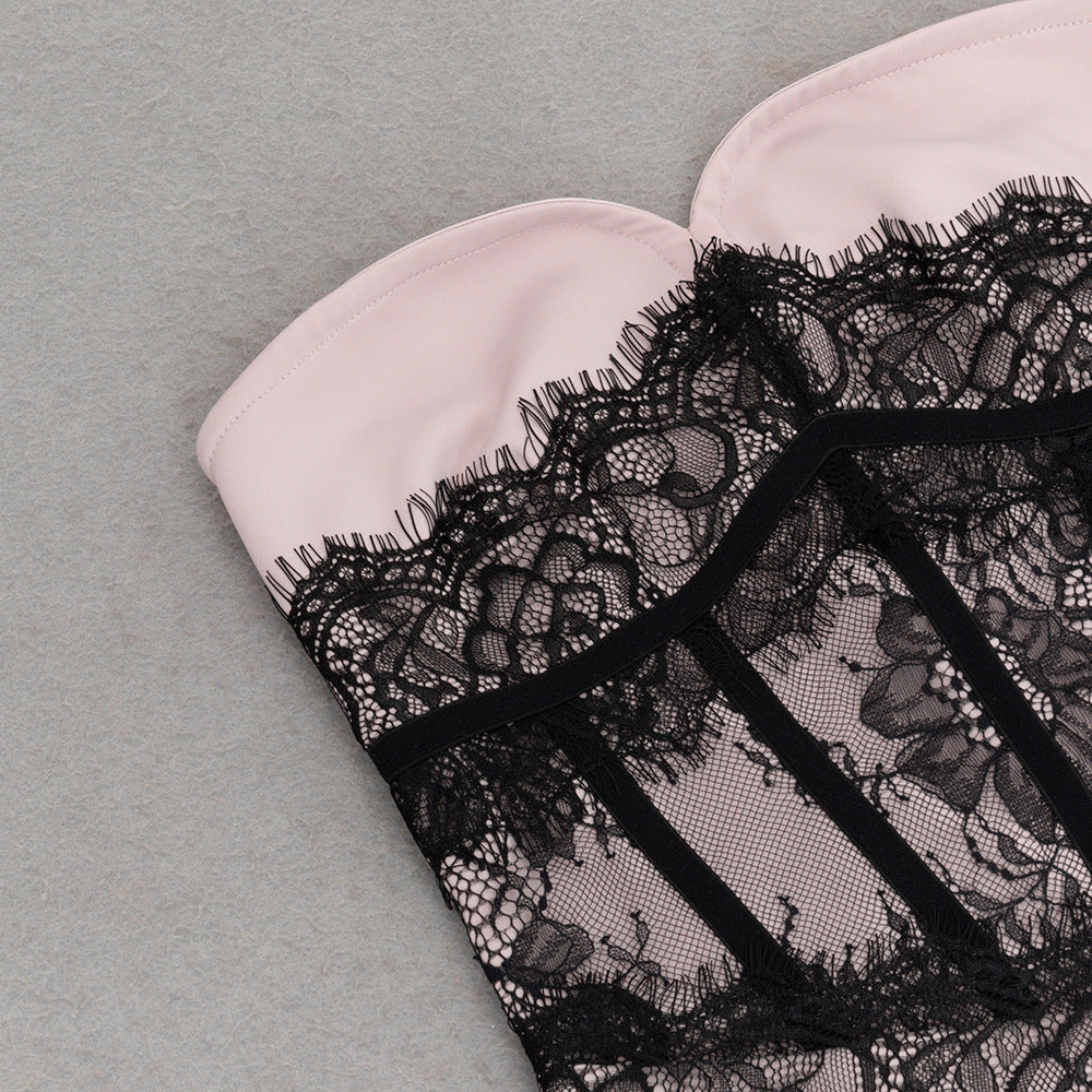 Marceline blush lace-corset strapless evening gown — close-up of the sweetheart bodice edge with lace overlay and corset-style taping