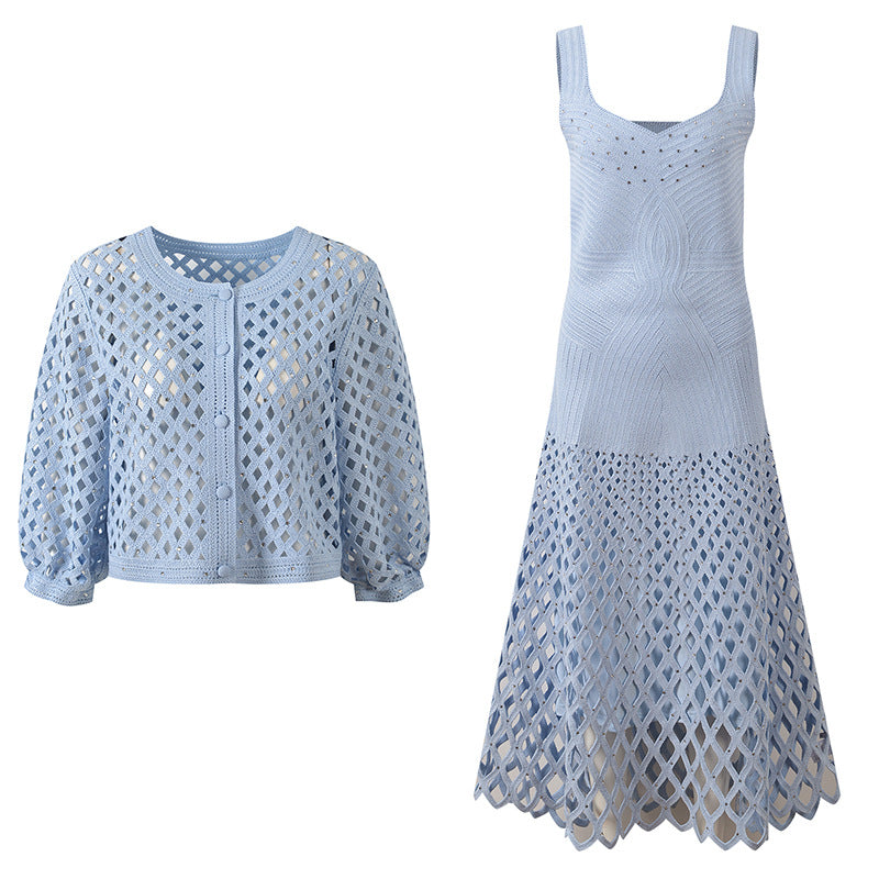 Maribel Crystal Studded Open-Knit Cardigan & Maxi Dress - additional view 5