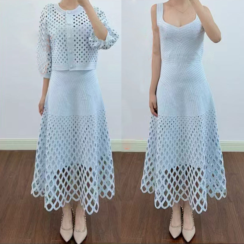 Maribel Crystal Studded Open-Knit Cardigan & Maxi Dress - front view