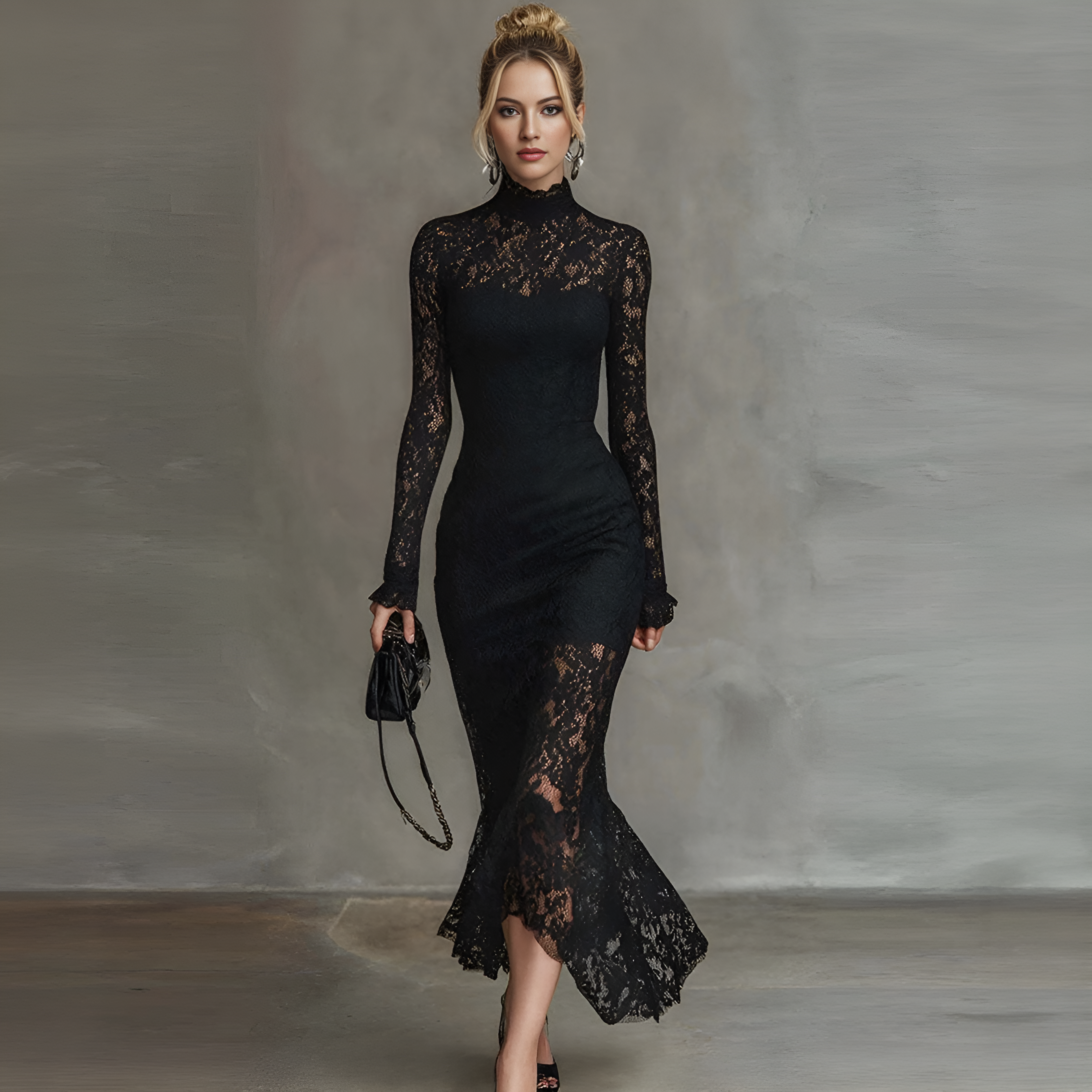 Monique High-Neck Lace Mermaid Midi Dress — front view