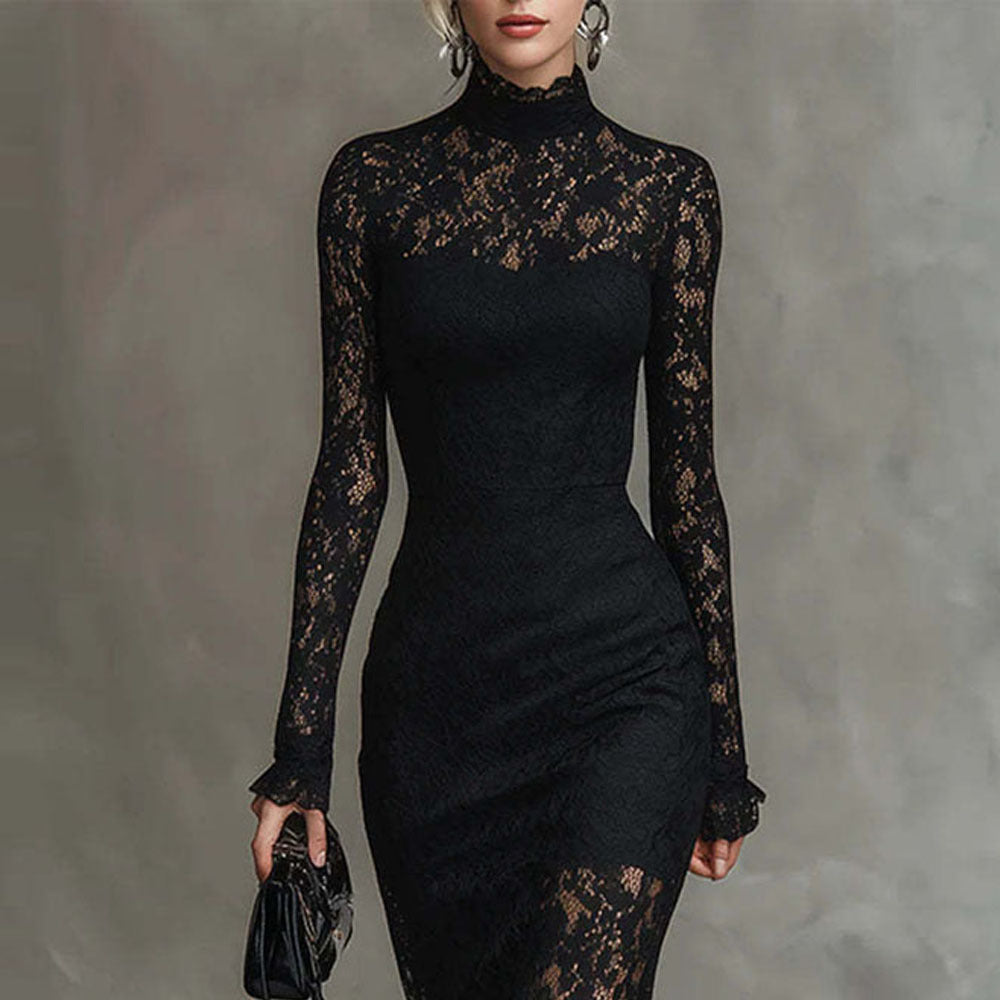 Monique High-Neck Lace Mermaid Midi Dress — full length