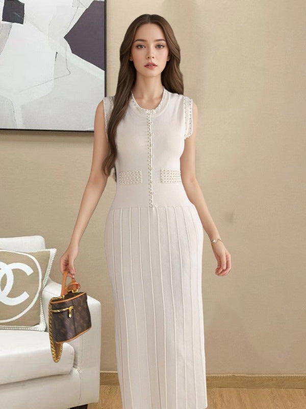 Morgane Pearl Beaded Sleeveless Knit Midi Dress - front view