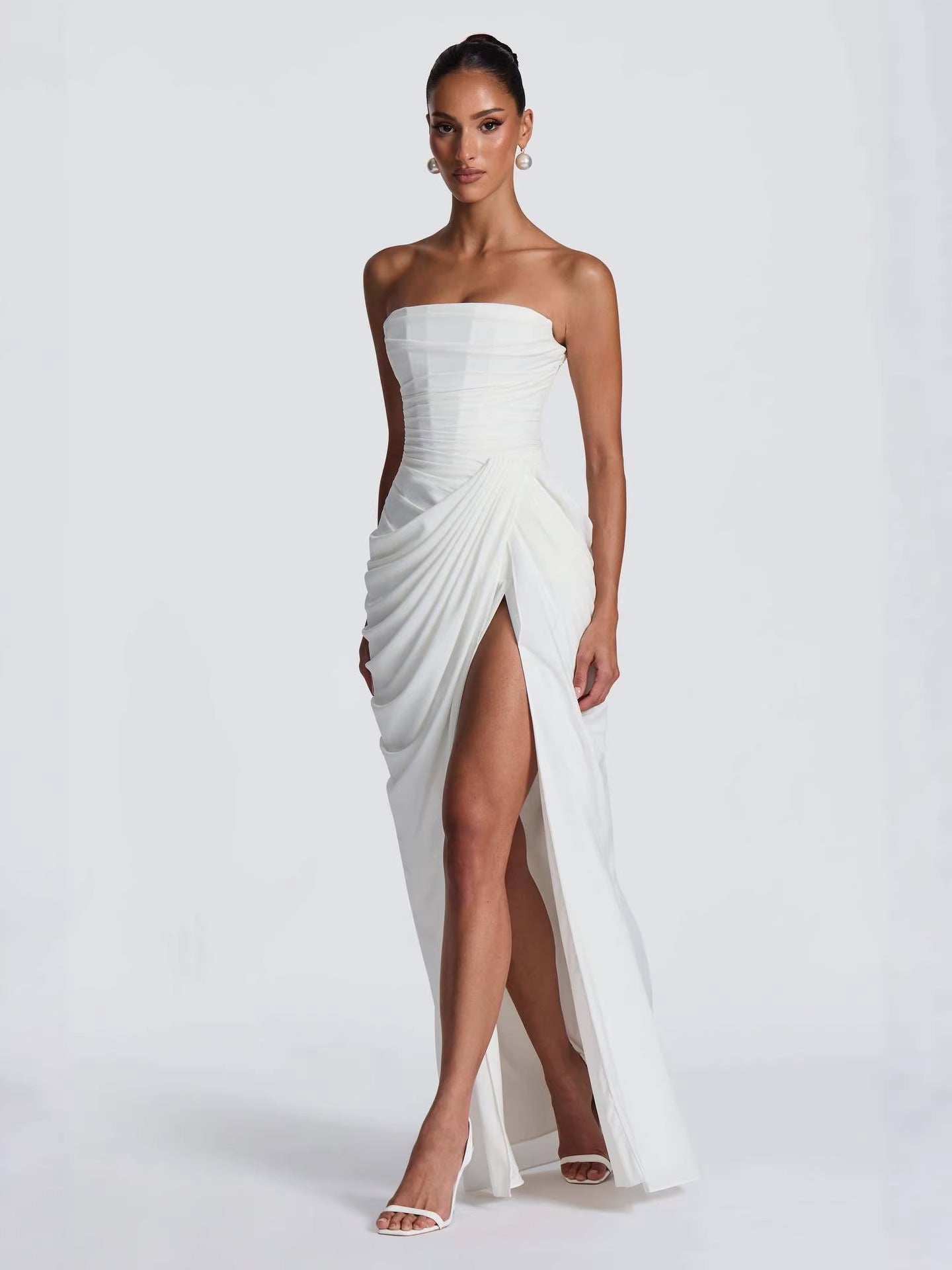 Natasha Blue Pleated Strapless Dress — full length