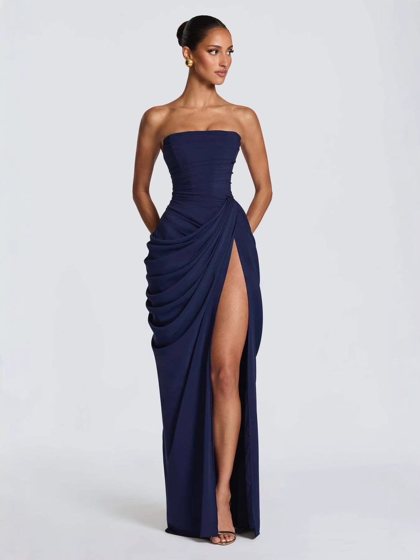 Natasha Blue Pleated Strapless Dress — styled look