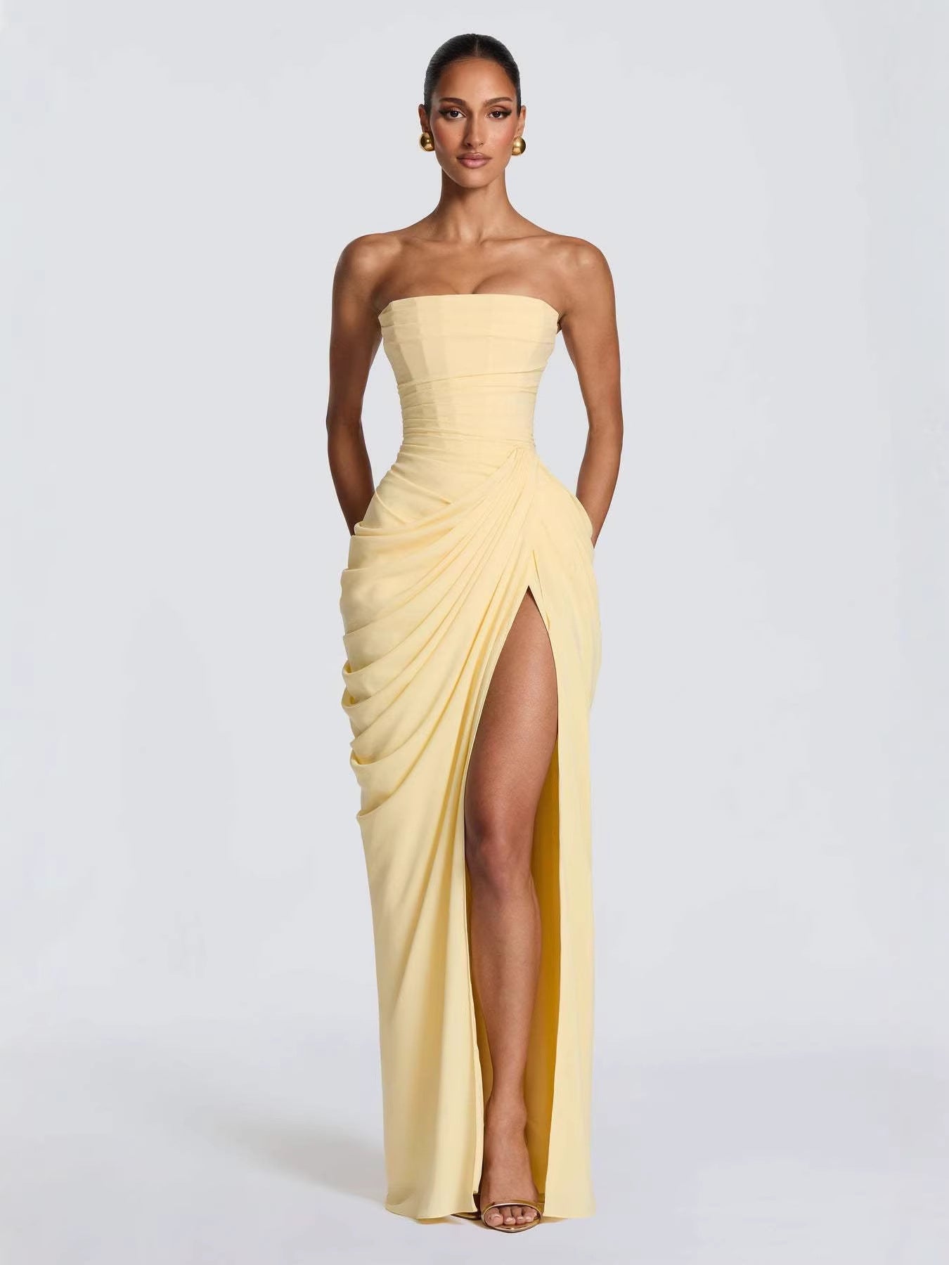 Natasha Blue Pleated Strapless Dress — fabric and detail