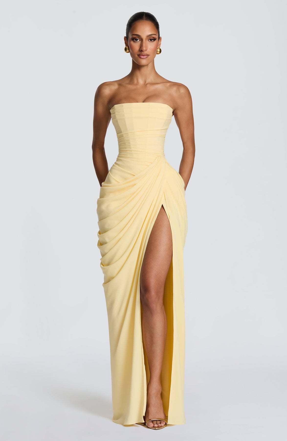 Natasha Blue Pleated Strapless Dress — side view