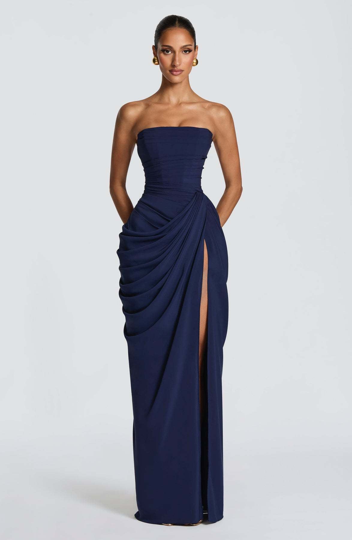 Natasha Blue Pleated Strapless Dress — close-up detail