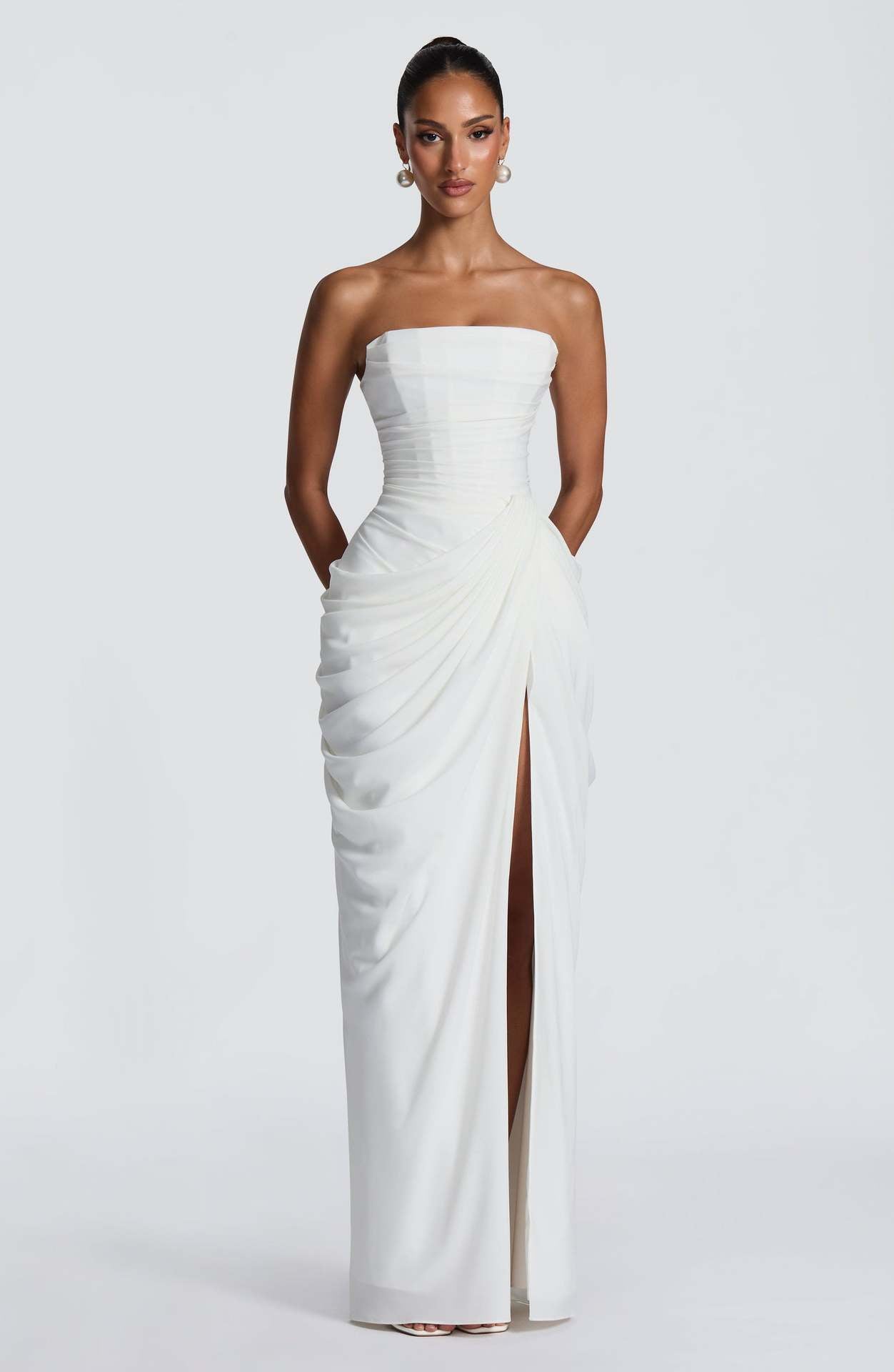 Natasha Blue Pleated Strapless Dress — runway angle