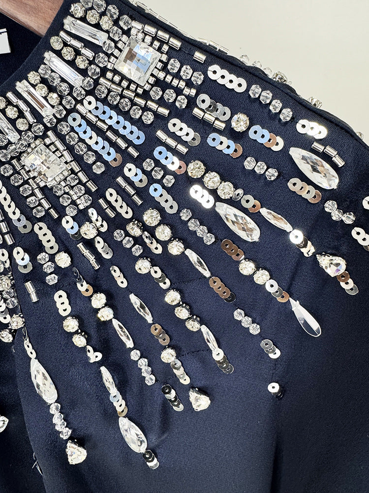 Embellished High-Neck Navy Evening Maxi Dress
