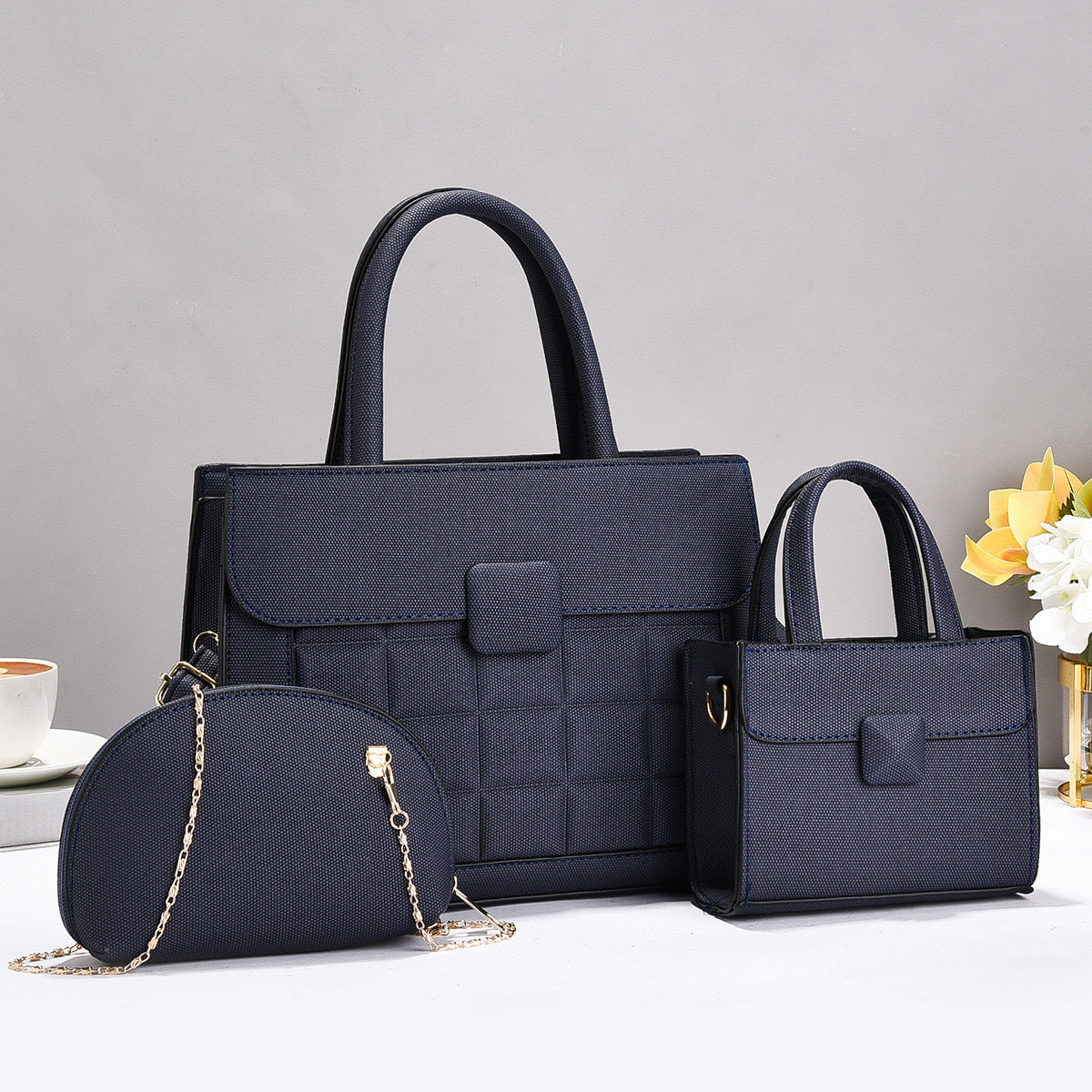 Grid Pattern Handbag Three-Piece Set — front view