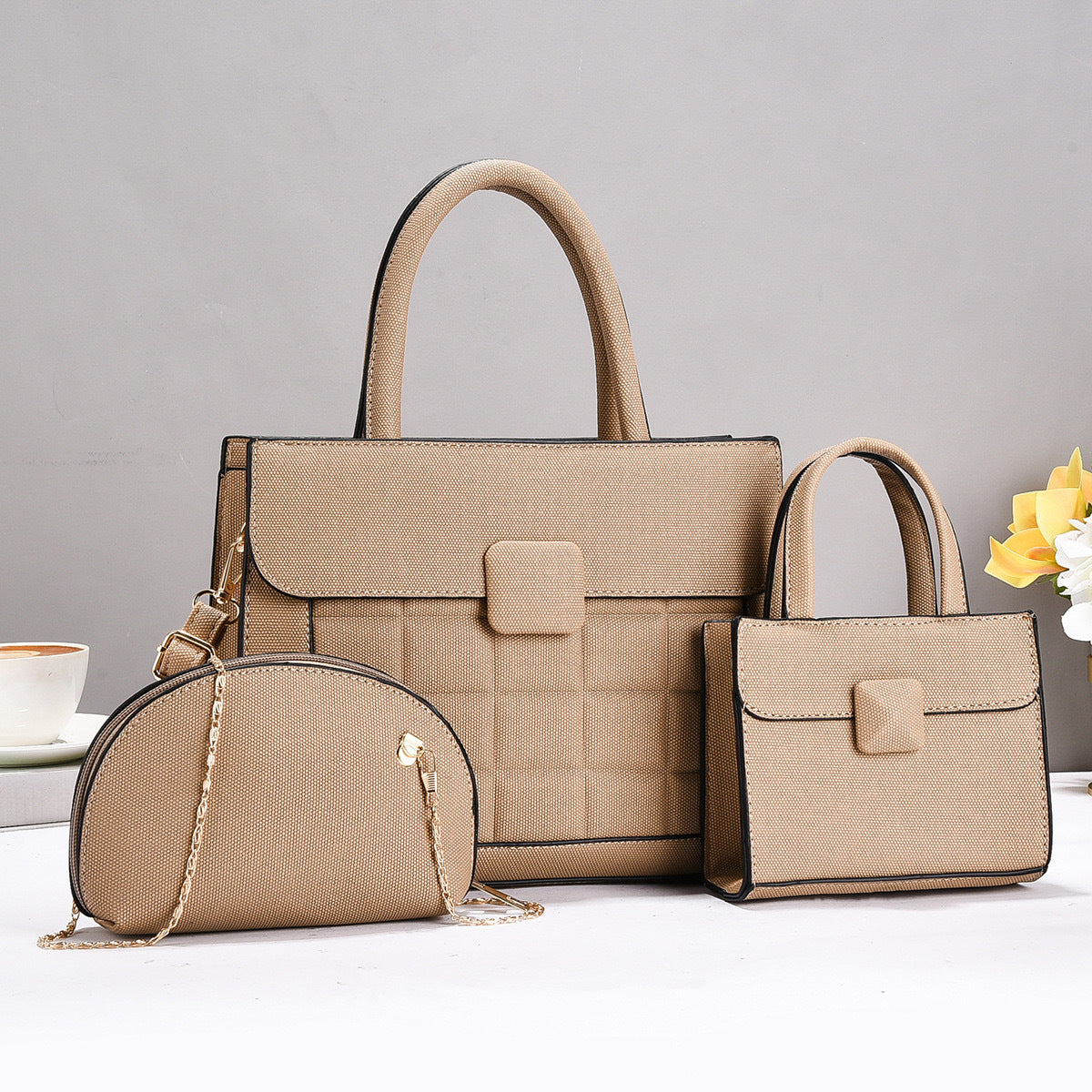 Grid Pattern Handbag Three-Piece Set — full length