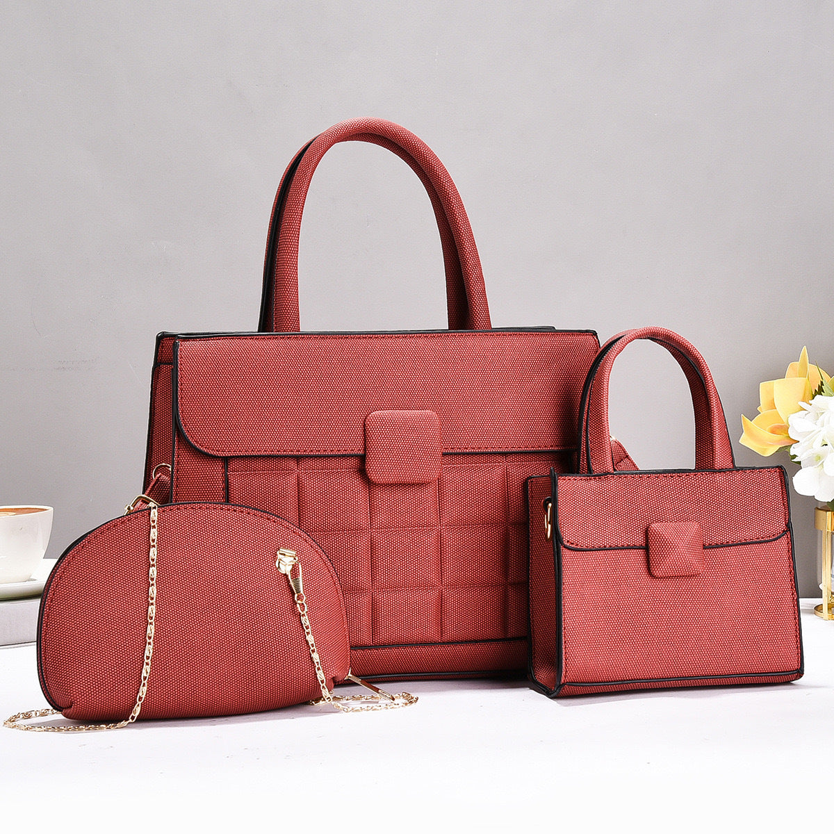 Grid Pattern Handbag Three-Piece Set — styled look