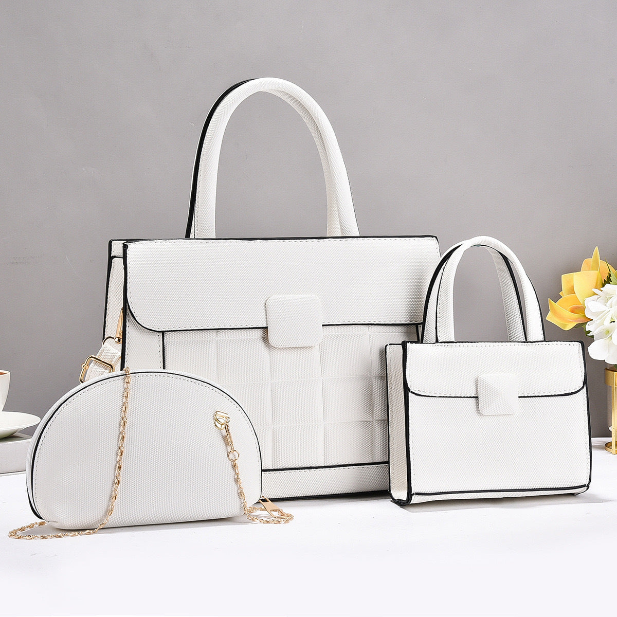 Grid Pattern Handbag Three-Piece Set — fabric and detail