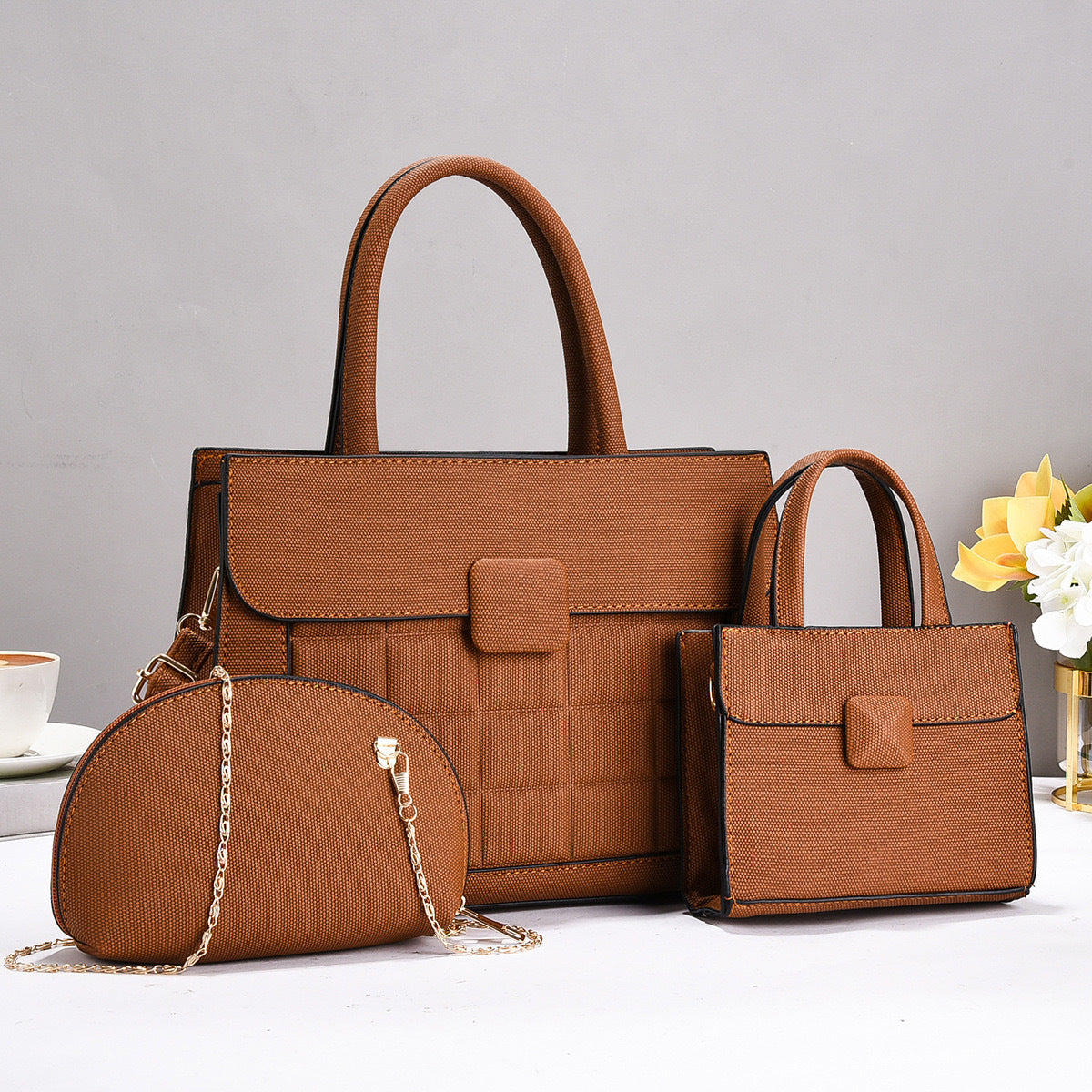 Grid Pattern Handbag Three-Piece Set — back view