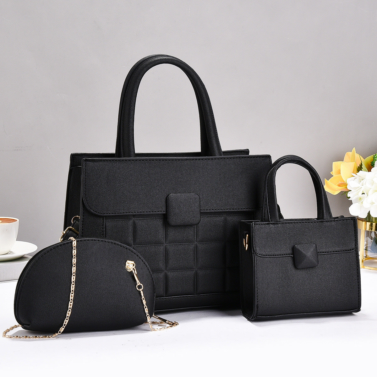 Grid Pattern Handbag Three-Piece Set — side view