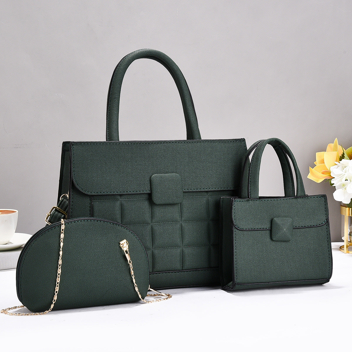 Grid Pattern Handbag Three-Piece Set — close-up detail