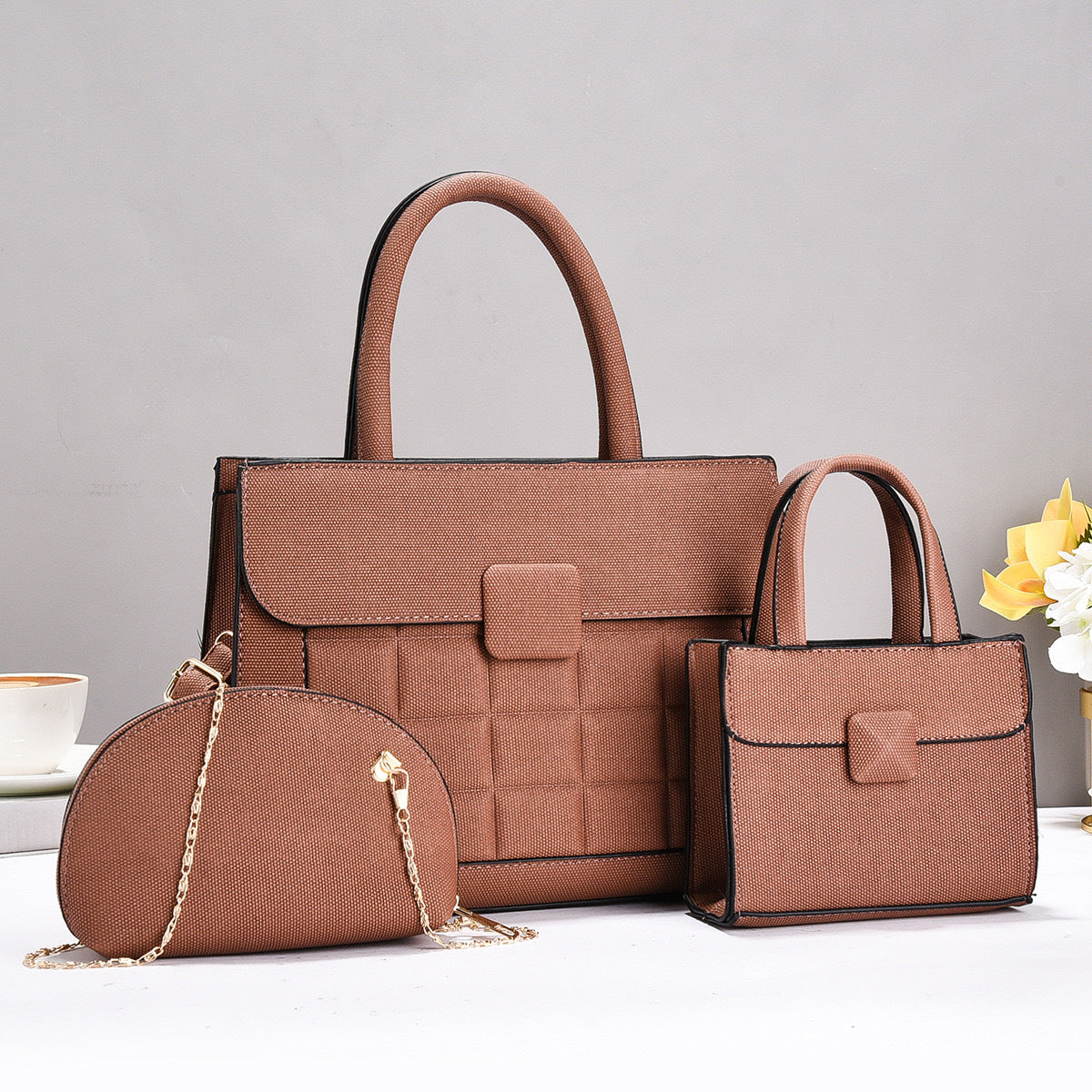 Grid Pattern Handbag Three-Piece Set — model wearing