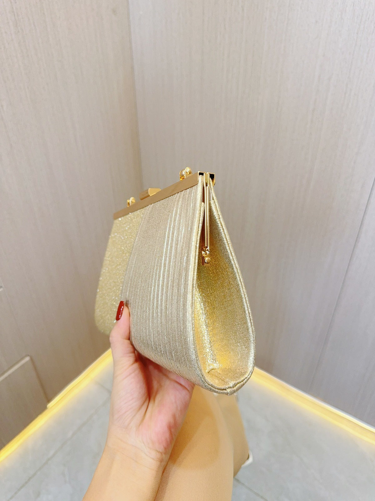 Sparkling Pleated Frame Clutch with Half-Ring Handle — full length