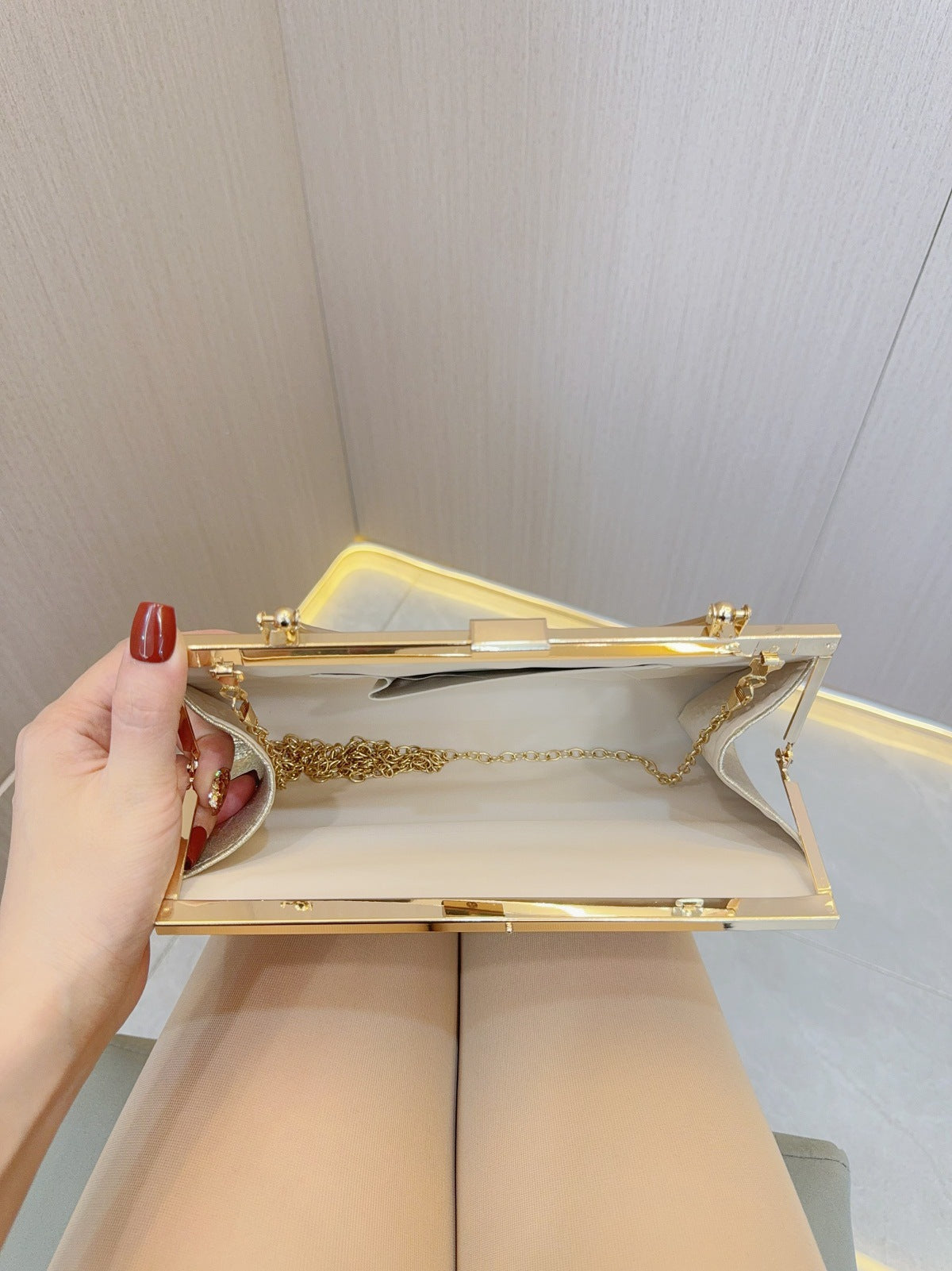 Sparkling Pleated Frame Clutch with Half-Ring Handle — fabric and detail