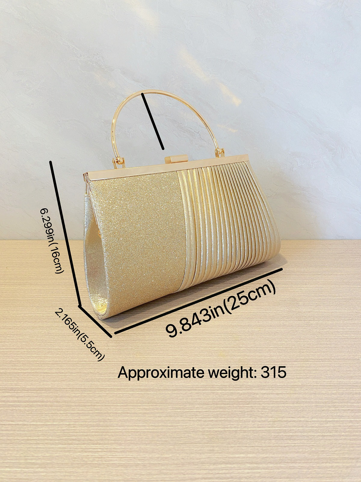 Sparkling Pleated Frame Clutch with Half-Ring Handle — back view