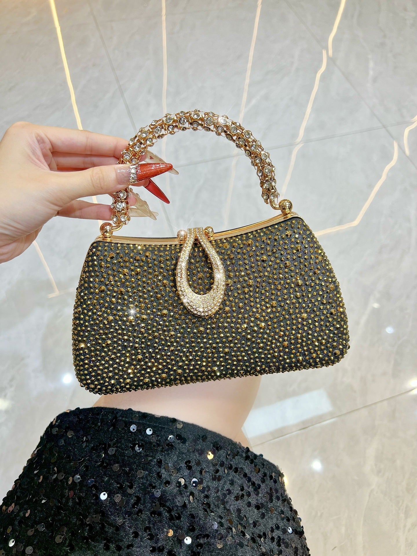 Rhinestone-Covered Evening Bag with Crystal Handle — front view