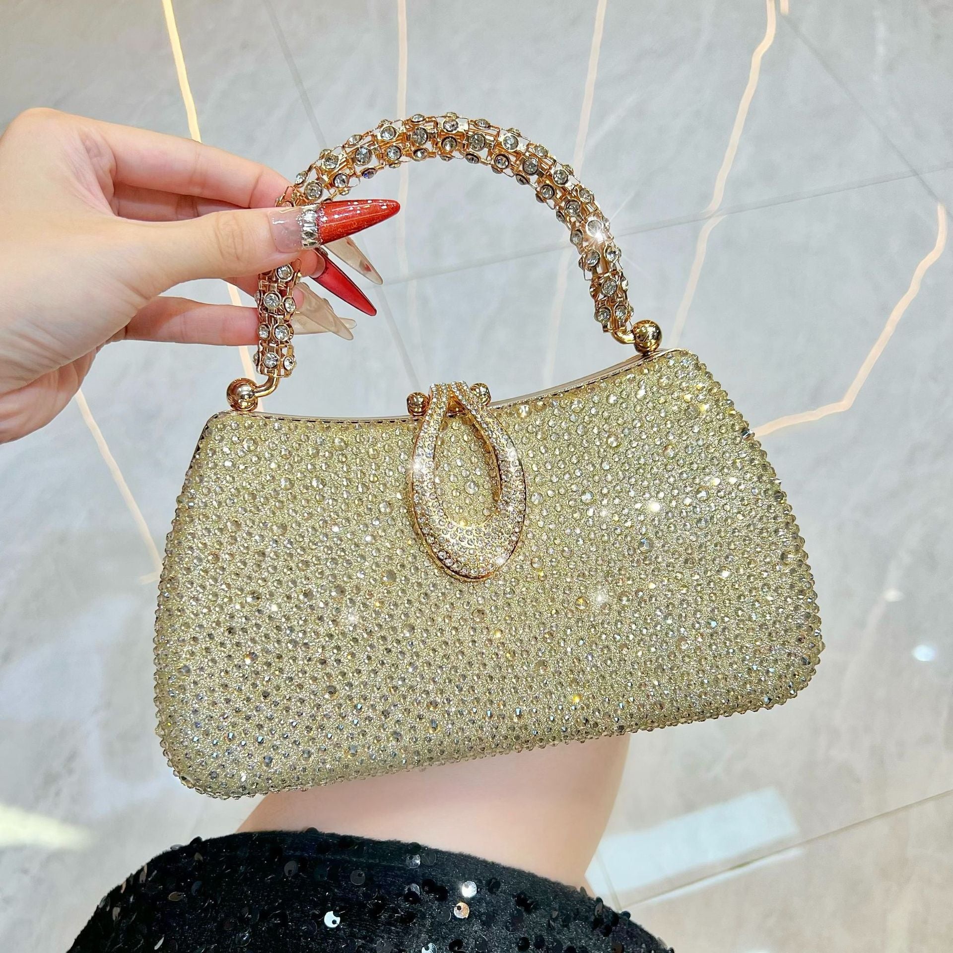 Rhinestone-Covered Evening Bag with Crystal Handle — close-up detail