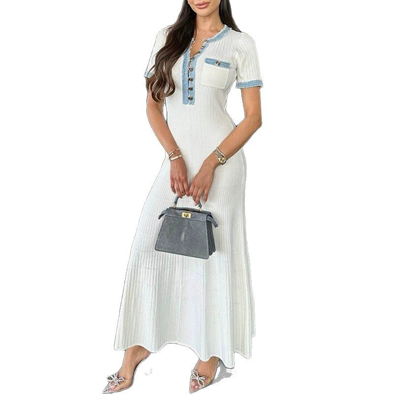 Ninon Denim-Trim Ribbed Knit Maxi Dress - additional view 5