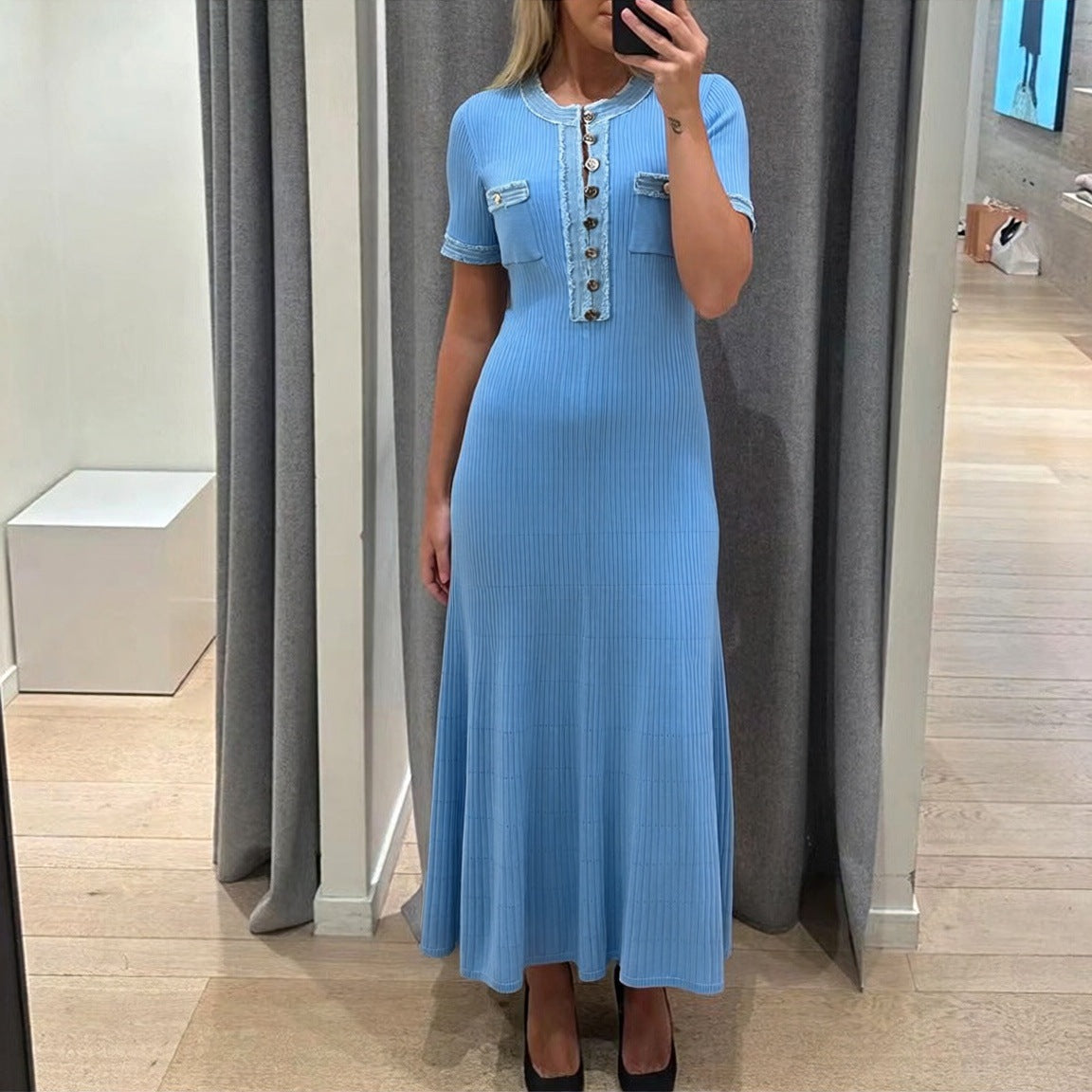 Ninon Denim-Trim Ribbed Knit Maxi Dress - back view