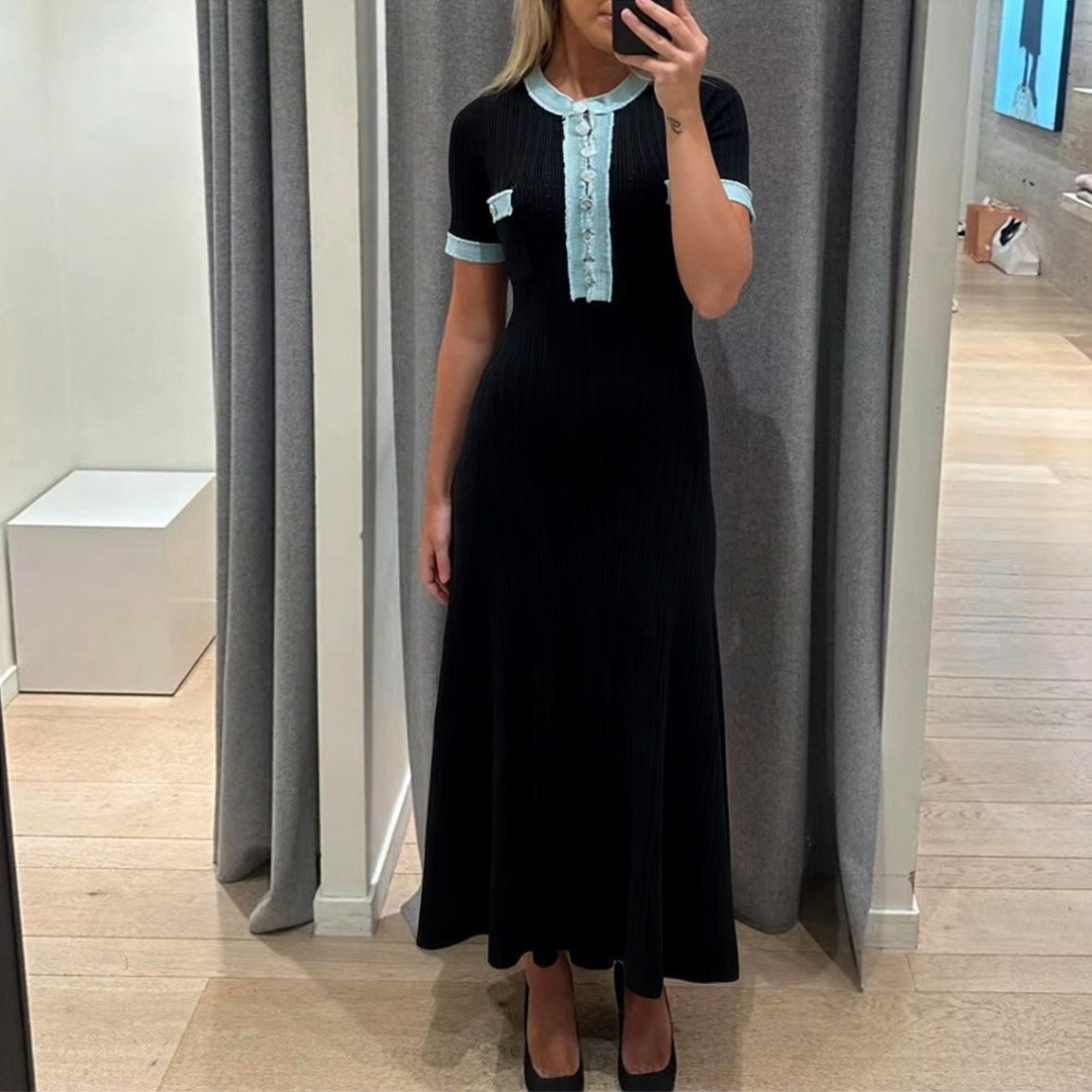 Ninon Denim-Trim Ribbed Knit Maxi Dress - detail view