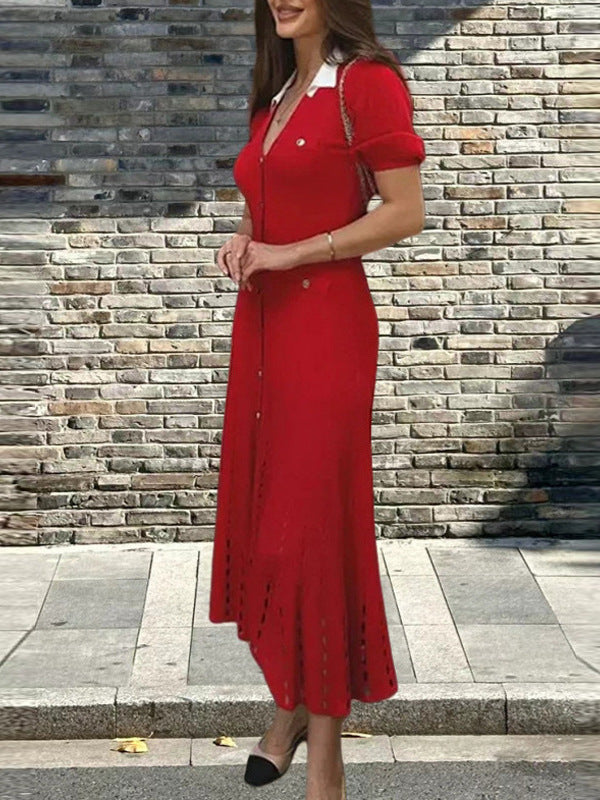Odalys Contrast-Collar Ribbed Knit Maxi Dress - back view