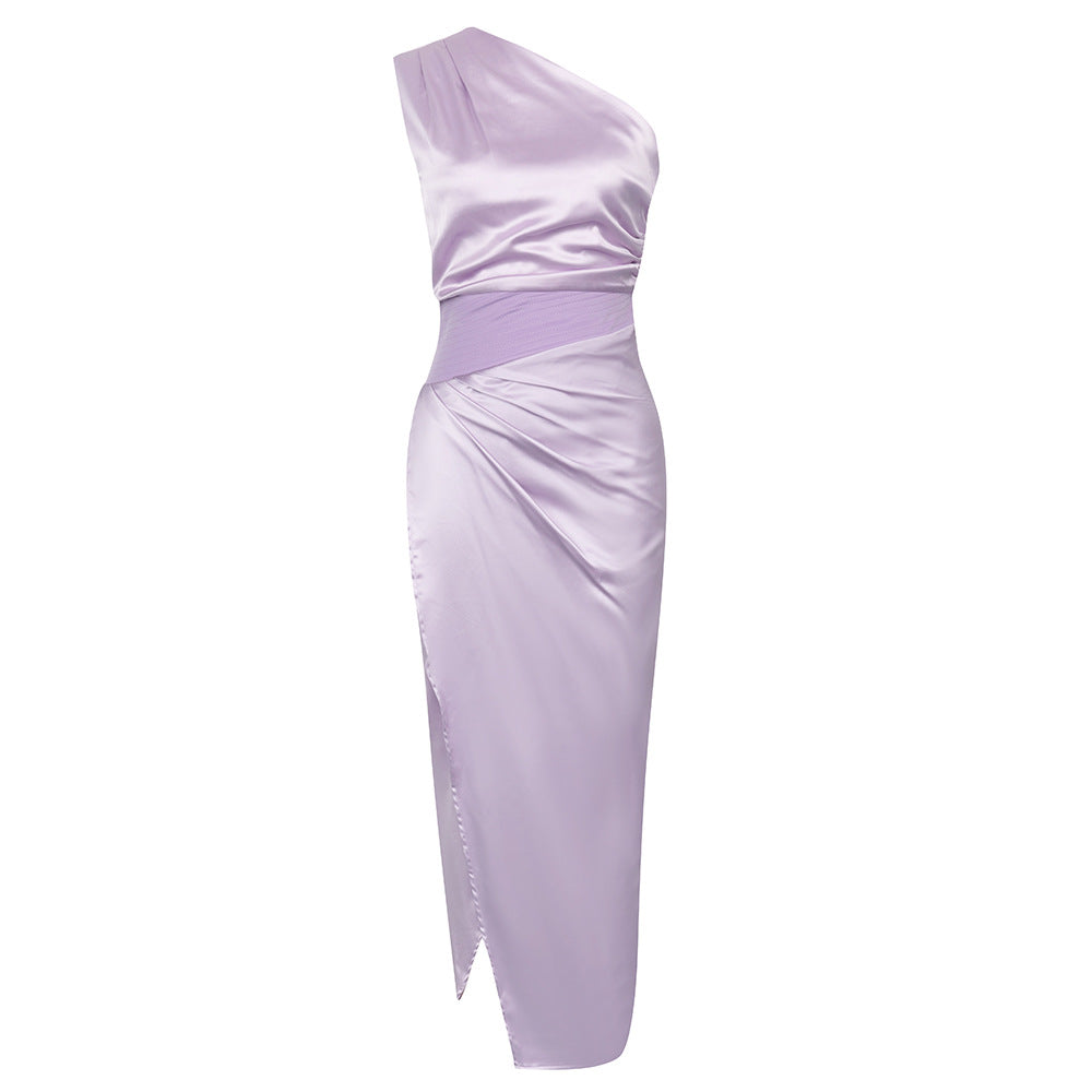 Odile satin one-shoulder draped slit evening dress — Lilac colorway