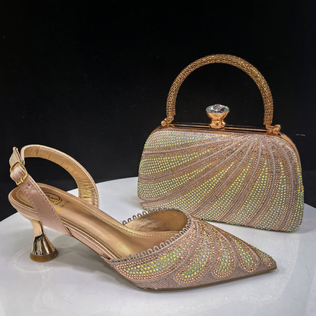 Pointed-Toe Heels & Designer Box Bag Set — fabric and detail