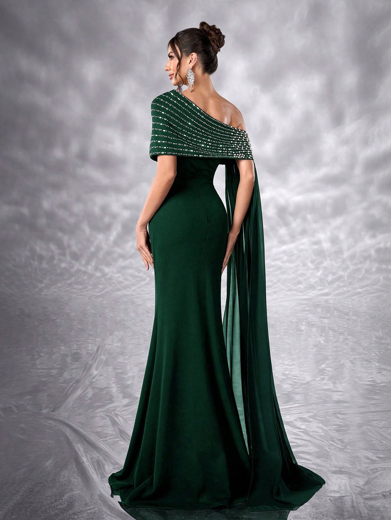 One-Shoulder Diamond Evening Dress — neckline detail