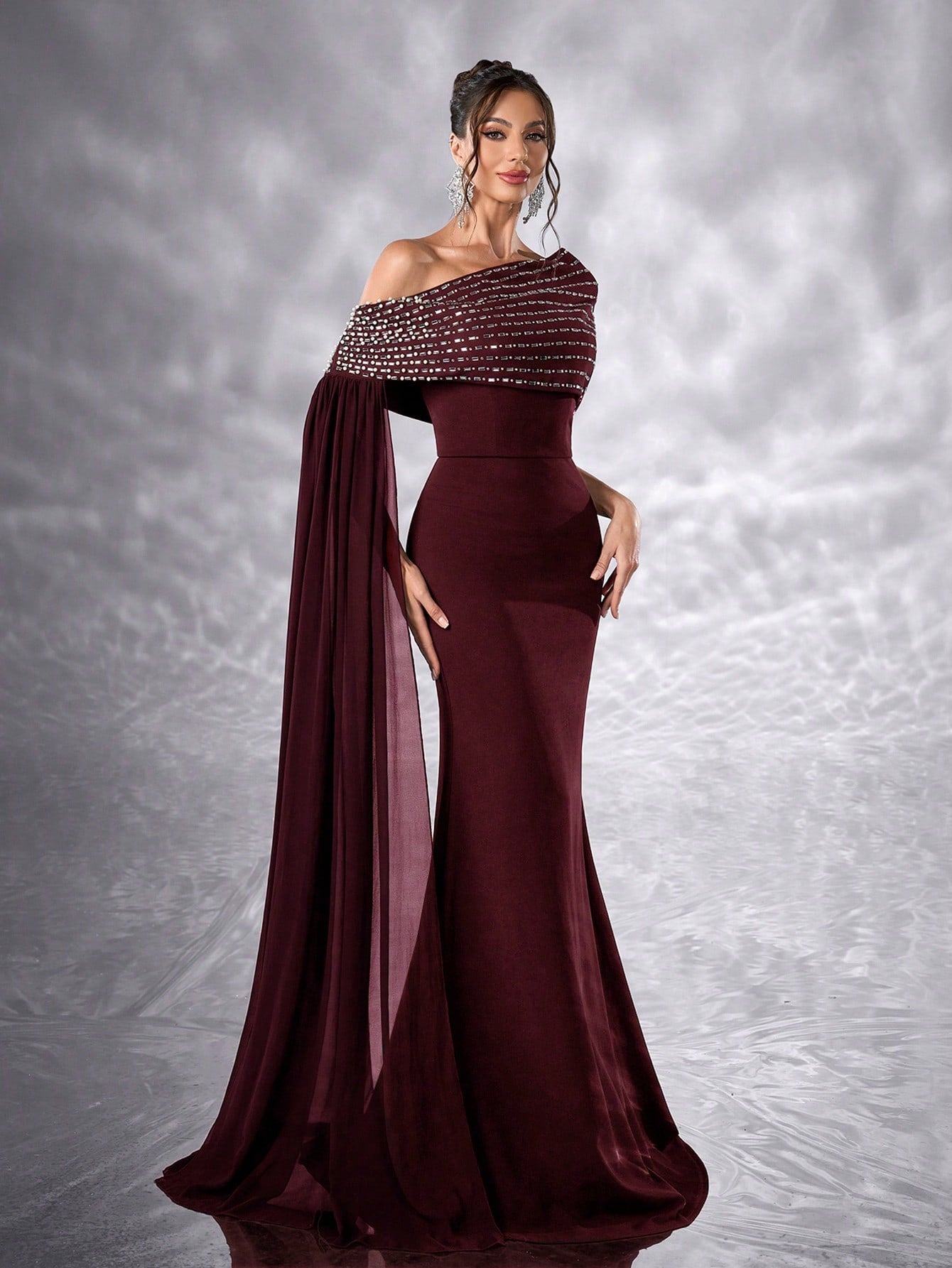 One-Shoulder Diamond Evening Dress — back view