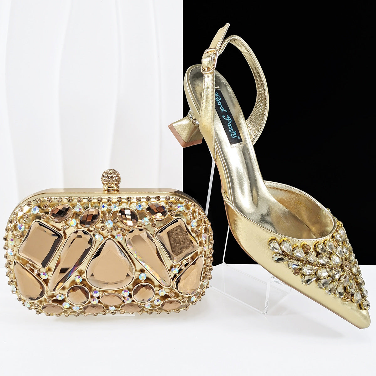 Orabella Noir Crystal Clutch & Slingback Heel Set — neckline detail