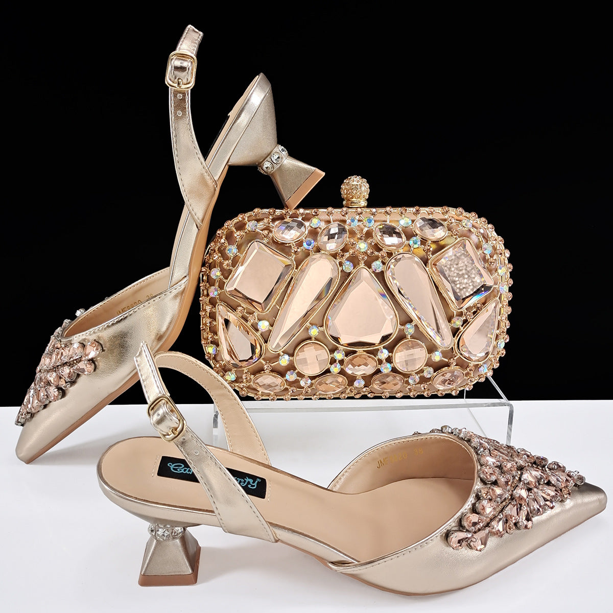 Orabella Noir Crystal Clutch & Slingback Heel Set — fabric and detail