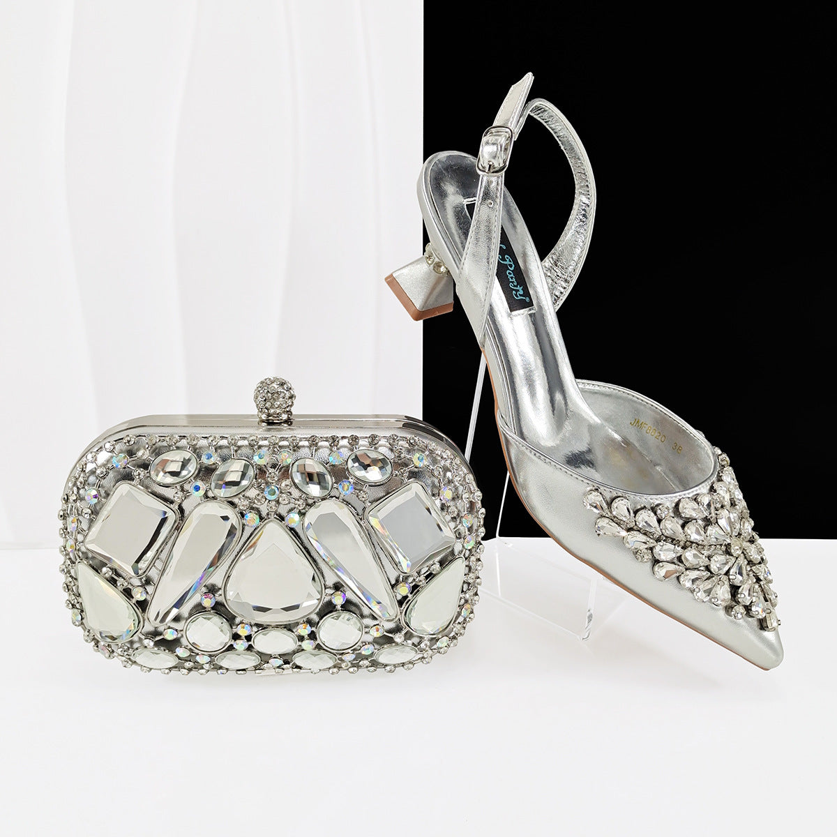 Orabella Noir Crystal Clutch & Slingback Heel Set — runway angle