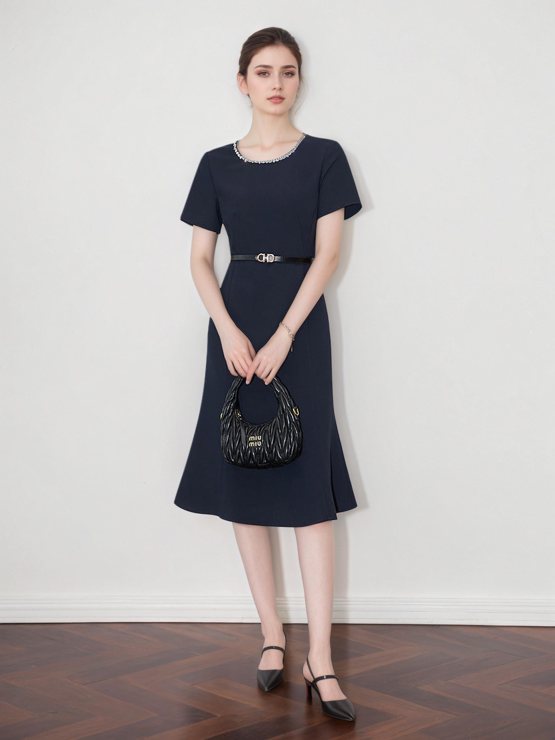 Paloma Navy Diamond-Encrusted Fishtail Midi Dress — full length